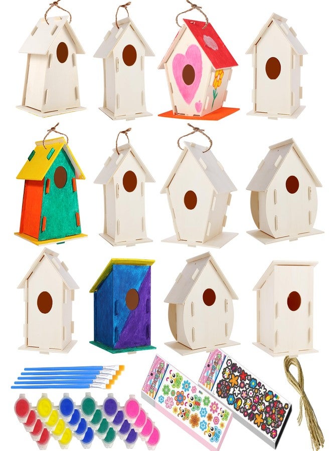 ILHSTY 12 Pack Large DIY Bird Houses Kits for Kids, Kids Craft Kits Wood Houses for DIY Crafts Class Party, 12 Birdhouse Kits with 12 Paint Strips & Paintbrushes & Stickers for Children to Build & Paint (12) - Image 1